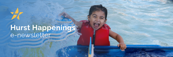 image of little girl playing in pool, Hurst happenings logo over image