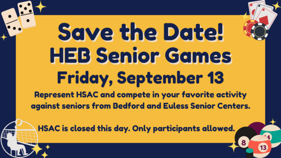 HEB Senior Games Save the Date Graphic with playing cards and domino graphics