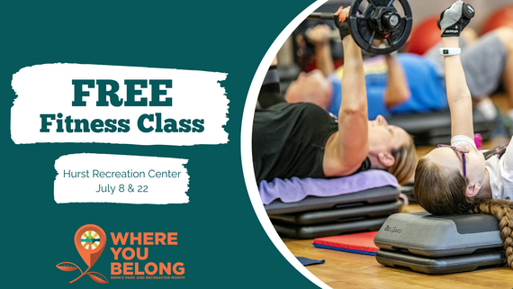 Free fitness class graphic with a woman exercising at the Hurst Recreation Center.