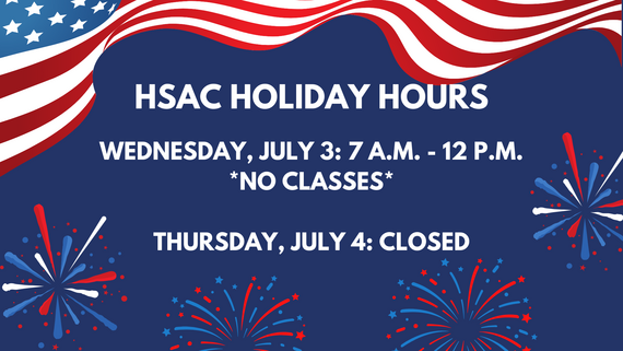 Red white and blue graphic with Hurst Senior Activities Center July 3 and 4 hours