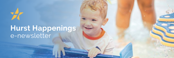 Hurst Happenings e-newsletter header with image of boy playing in pool at Chisholm Aquatics Center