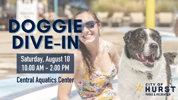 Doggie Dive In Graphic with resident and her dog at Central Aquatics Center