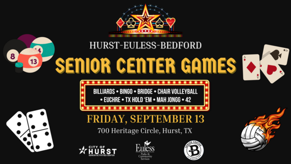 HEB Senior Games Graphic with dominos, billiards, and playing cards