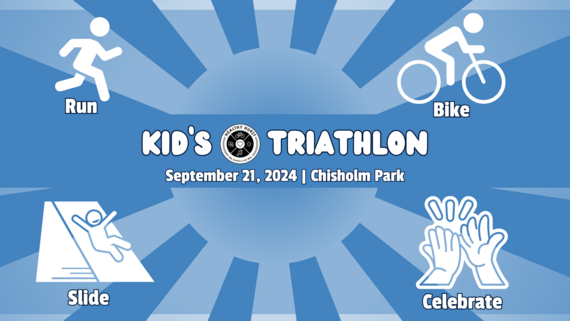 Kids Triathlon graphic with a bicycle, runner, slide, and celebration images