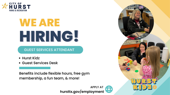 "We are Hiring" graphic with pictures of the Hurst Recreation Center Employees