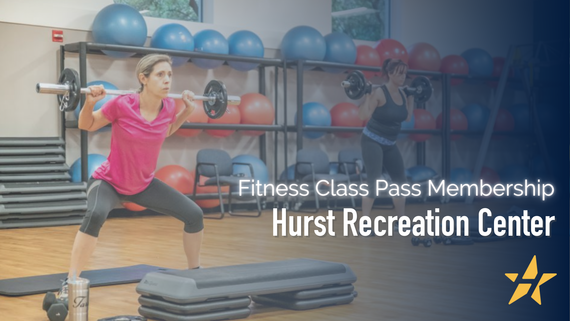 Hurst Recreation Center Fitness Class Pass graphic with body pump class image