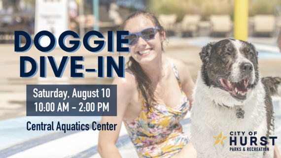 Doggie Dive In image of woman sitting with her dog in the pool