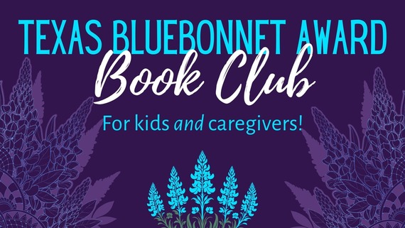 Texas Bluebonnet Award Book Club purple graphic with light blue bluebonnet outlines