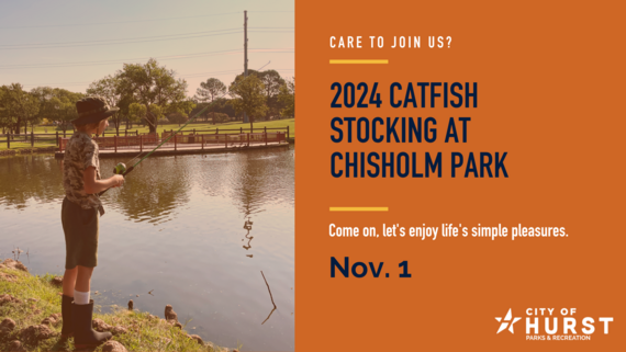 Catfish Stocking graphic with youth fishing at Chisholm Park