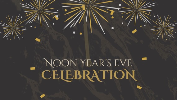 Noon Years Eve Celebration graphic with fireworks 