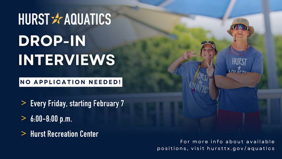 Hurst Aquatics Drop-In Interviews graphic with two lifeguards standing and smiling