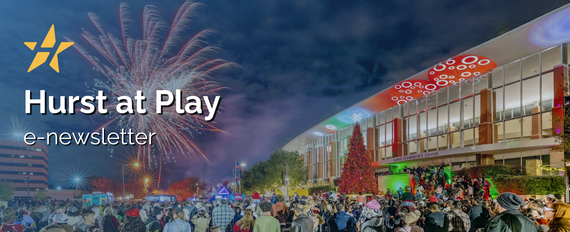 Hurst at Play E-newsletter banner with photo from the Christmas Tree Lighting event