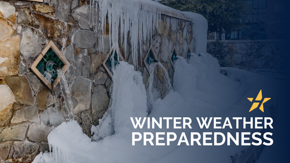 image of frozen pipes at fountain with text that says "Winter Weather Preparedness"