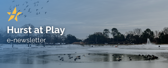 Hurst at Play E-newsletter banner with photo of Chisholm Park snowing