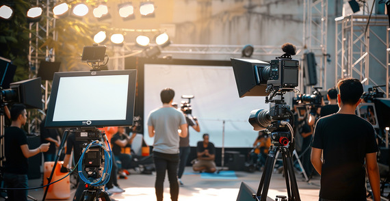 A large film crew operates on set.