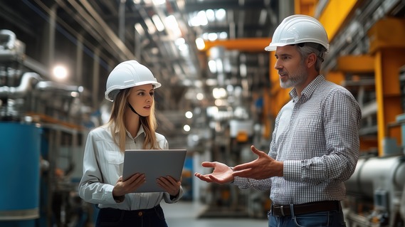 A woman providing safety consultation to a warehouse manager