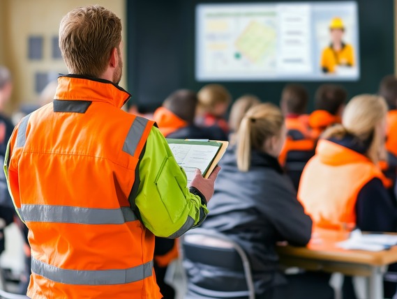 A construction worker stands up during an OSHA training course.