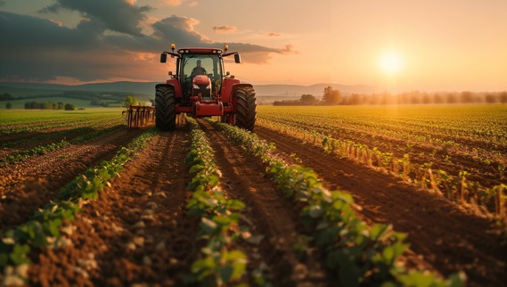A tractor plows a field at sunrise.