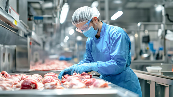 A worker in mask, gloves, and protective clothing handles meat in a poultry processing plant.