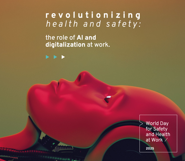 Human-like robotic face looks upward to the headline: "Revolutionizing Health and Safety."