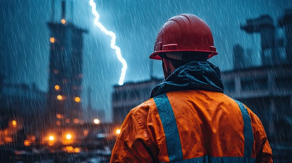 A man in a hard hat and reflective gear stands in the rain and watches as lightning strikes a multi-floor building.