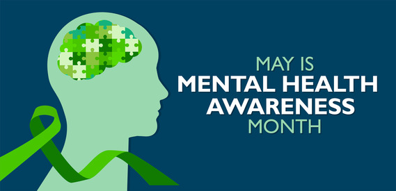 A silhouette of a head with puzzle pieces where the brain would be. Image includes the words, "May is Mental Health Awareness Month."