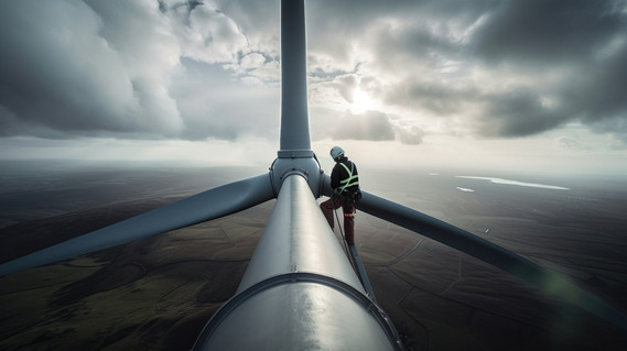 A technician wearing safety gear stands near the blades of a wind turbine.