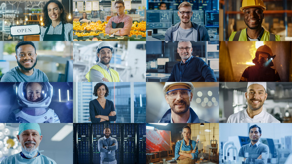 A collage of workers in various industries.