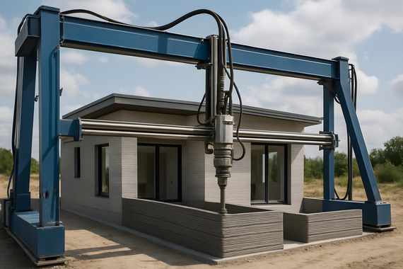 A 3D printer constructs a house.