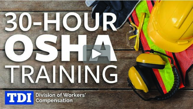 The words "30-Hour OSHA Training" beside a hard hat, ear protection, and a reflective vest.