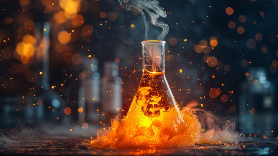 Liquid inside a beaker begins to smoke, bubble, and flame.