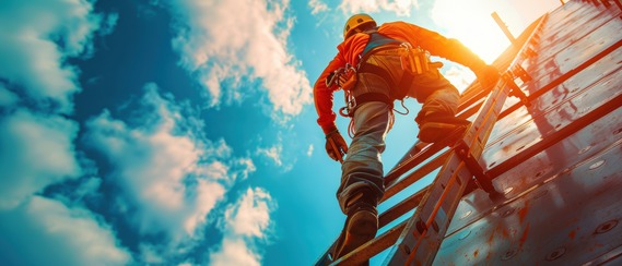 A roofer wearing fall protection climbs a ladder.