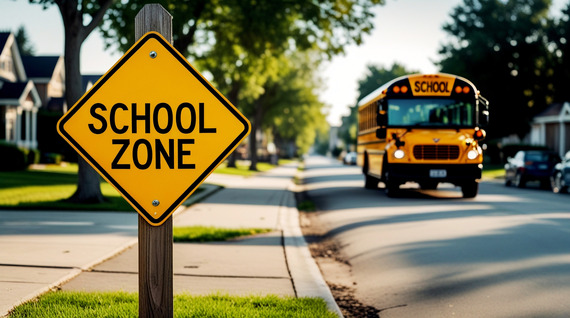 A school bus drives by a "School Zone" sign.