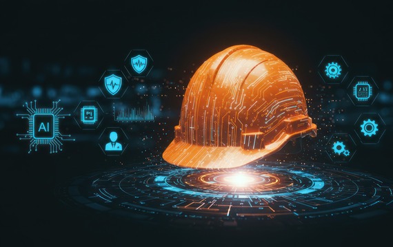 Around a technology-enabled safety helmet are icons indicating connection to AI, health monitoring and external communications.