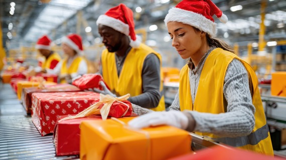 Employees dressed in yellow jackets and Santa hats wrap gifts on an assembly line.