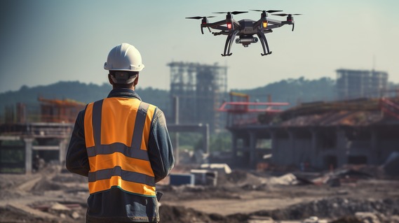 A construction worker flies a drone over a construction site.