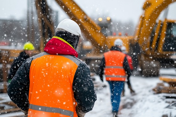 Three construction workers walk in the snow toward earthmoving equipment.