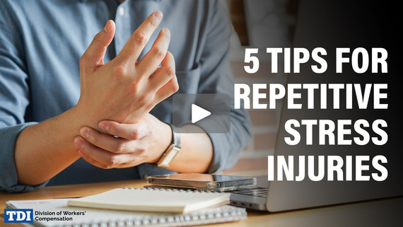 A man with stiff fingers rubs his wrist beside the words, "5 Tips for Repetitive Stress Injuries.