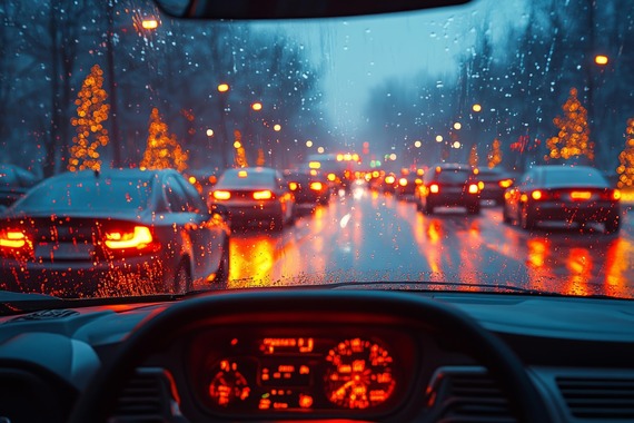 Car taillights and Christmas lights twinkle on a rain-drenched road.