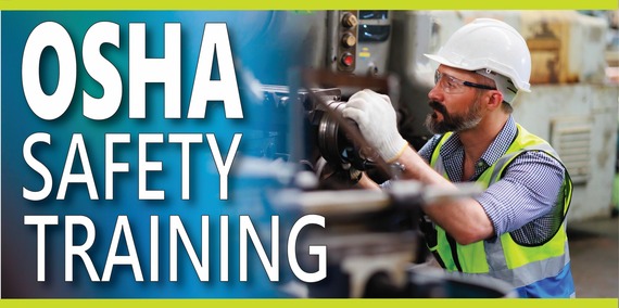 The words "OSHA SAFETY TRAINING" are overlayed onto a photo of a man wearing PPE and working on a pressurized valve.
