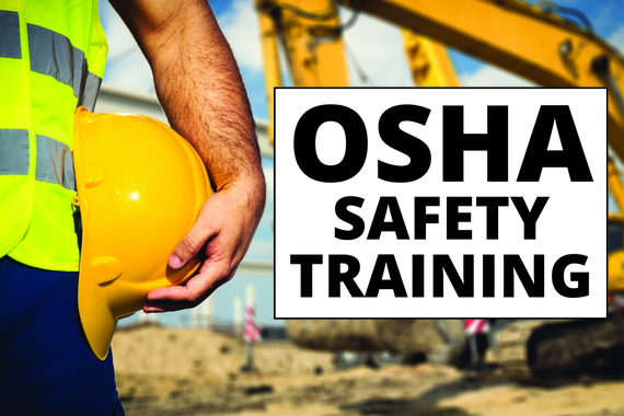 The words, "OSHA SAFETY TRAINING" are overlayed onto an image with excavation equipment and a man holding a hard hat.