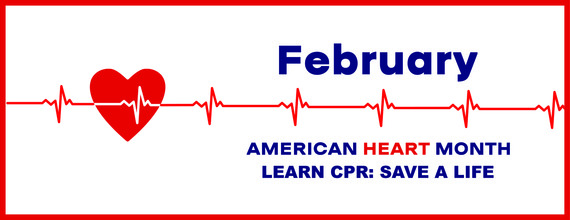 A heart with a pulse overlay with the words, "February: American Heart Month. Learn CPR: Save a life.