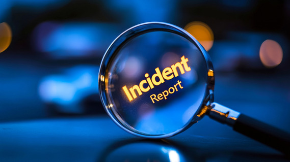 A blue background with yellow letters under a magnifying glass that reads, "Incident Report."