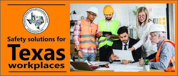 The words, "Safety solutions for Texas workplaces" are below the OSHCON logo and beside a photo of workers in various work attire.