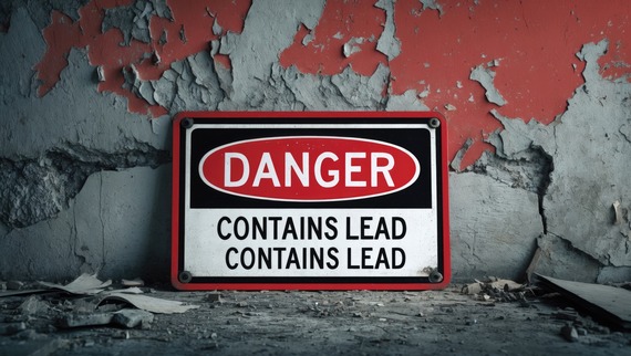 A red wall with peeling gray paint with a sign that reads, "Danger: Contains Lead."