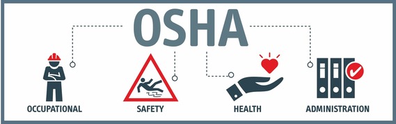 OSHA banner with four icons: worker in hard hat, slip hazard sign, hand holding heart, and file binders with check mark.