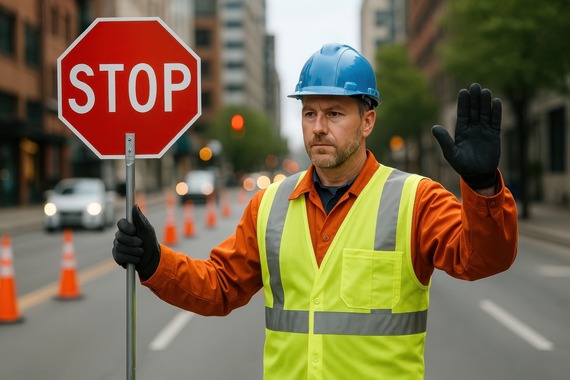 A road worker wearing a reflective vest and hard hat raises a stop sign to control traffic.