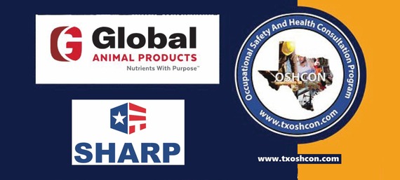 The Global Animal Products logo beside the SHARP and OSHCON logos on a blue and gold background.