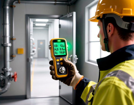 A man in an industrial setting wearing a hard hat, gloves, and reflective vest looks at an air quality monitor.