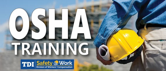 A man in a denim shirt holding a hard hat and buidling blueprints stands beside the words, "OSHA Training.